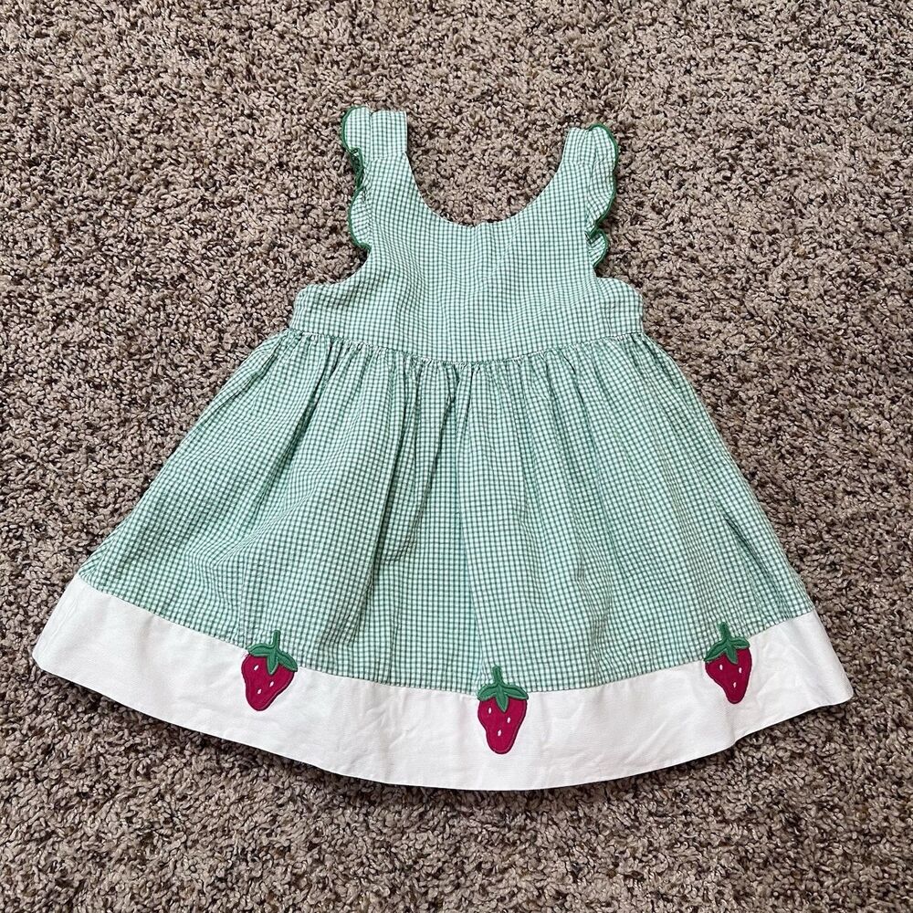 Vintage Florence Eiseman Girls Green/white Dress With Strawberries Size 24 Month